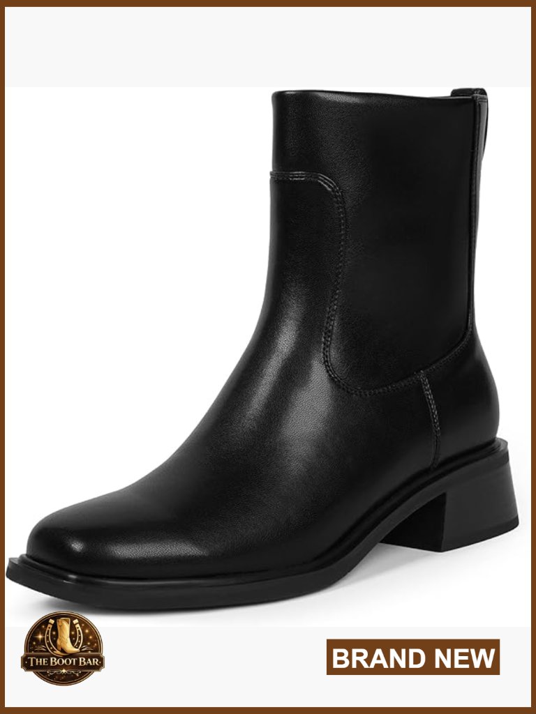 Low Heel Square Toe Chunky Ankle Booties With Side Zipper